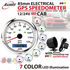 Compteur de vitesse Gps électrique 85mm 7 couleurs 0-120 MPH jauge d'odomètre blanc étanche IP67 12 24V capteur de tasse de montage marin de voiture - Product Image 2
