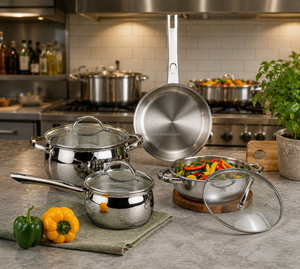 Premium Stainless Steel Cookware <b>Set</b> 7 Pcs Fry Pan Kadai Saucepan Sauce <b>Pot</b> Glass Lid Induction Base Export Kitchen - Product Image 6