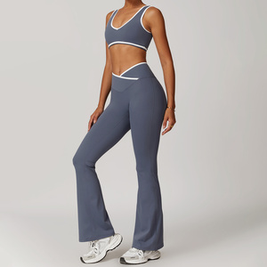 Ensembles de yoga pour adultes, 2 pièces, écologiques, pour filles, avec taille croisée, effet push-up, pour l'entraînement, la gym, le fitness et le yoga, motif uni, vente en gros - Product Image 3