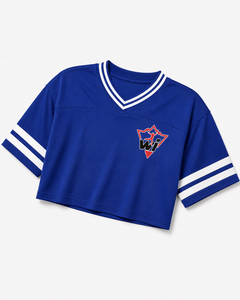 เสื้อเบสบอลครอปสีน้ำเงินคุณภาพสูงสำหรับผู้หญิง แบบสั่งทำพิเศษ แขนสั้น ระบายอากาศได้ดี เหมาะสำหรับทีมกีฬา - Product Image 5