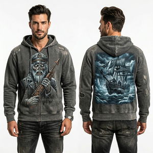 เสื้อฮู้ดดี้สีเทาเข้มลายกราฟิก Ghost Ship Captain Harpoon สไตล์สตรีทแวร์ทรงโอเวอร์ไซส์ วินเทจ ผ้าฟลีซ มีฮู้ด - Product Image 1