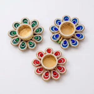 Handmade Round Tea Light Holder with Pearl Beaded Flower Design in Blue Green <b>Red</b> for Home Decoration Traditional Pearl Beaded - Product Image 6