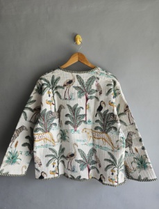 Chaqueta Acolchada con Estampado Animal, Cuello en V, Manga Murciélago, Algodón, Verano, para Mujer, con Bolsillos de Parche, Manga Larga, Largo Regular, Regalo para Ella - Product Image 6