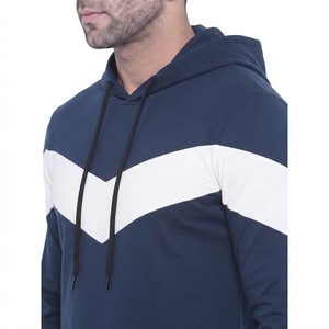 Sweat-shirt décontracté à capuche bleu marine pour homme avec empiècements blancs, manches longues, coupe classique, en polyester tricoté, idéal pour l'automne - Product Image 4