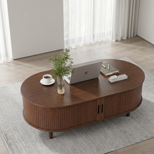 Table basse ovale moderne en bois, design mid-century, meuble de salon avec tiroir de rangement, finition brun foncé - Product Image 4