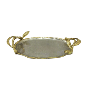 Cast Aluminum <b>Serving</b> <b>Tray</b> With Antique <b>Gold</b> Leaf Handles Decorative Metal Platter And Tabletop Centerpiece For Home And Hotel - Product Image 1