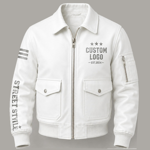 Blouson bomber en cuir blanc personnalisé avec poches zippées, style streetwear et détails graphiques premium pour un confort unisexe, par SHY - Product Image 1
