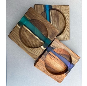 Modern Style Wooden & Resin Tea <b>Coasters</b> <b>Set</b> Of 4 Pcs Square Shape Non Slip Tableware Drink Mats & Pads Heat Resistant Placemat - Product Image 1
