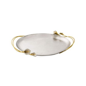 Vente d'usine : Plateau de service ovale en acier inoxydable martelé, motif feuille élégante, avec poignées dorées, pour la maison et l'hôtellerie - Product Image 3