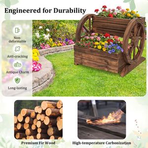 <b>Rustic</b> Wood 2-Tier Raised Garden <b>Bed</b> Wagon Shape with Drainage Holes and Wheels for Flower Pots & Planters - Product Image 6