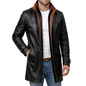 Chaqueta de Cuero de Cordero Negra Personalizada para Hombre, Largo 3/4, Solapa Ancha, Abrigo de Invierno, Fabricante Mayorista OEM - Product Image 1