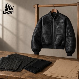 Men's <b>Black</b> PU Bomber <b>Jacket</b> Stand Collar Zipper Closure Quilted Design Windproof Moto Style Autumn Wear - Product Image 4