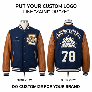Veste universitaire personnalisée en mélange de laine 450 GSM pour homme et femme, bleu marine et marron, col montant, broderie de logo en chenille - Product Image 1