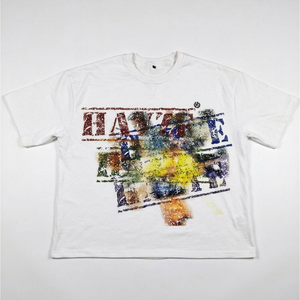Camiseta Oversize Blanca de Algodón Premium con Estampado Gráfico Abstracto Multicolor, Estilo Urbano, Diseño Desgastado Personalizado - Product Image 1
