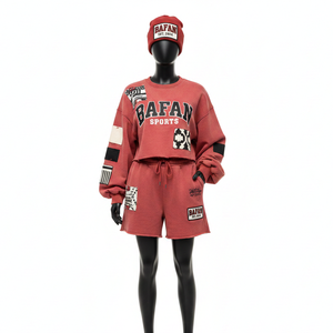 Ensemble court en molleton de coton premium 100 % coton pour femme, 300 GSM, tissu brossé doux, empiècements, logo personnalisé - Product Image 6