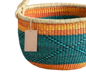 Panier ventre en jonc de mer supérieur, tressé à la main, écologique, motif vert sarcelle et orange, pour rangement de jouets d'enfants en chambre d'enfant - Product Image 2