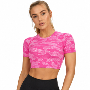 Women's Camouflage Print Short Sleeve Crop <b>Top</b> Crew Neck Fitness Wear Short <b>Top</b> Tee Breathable Knitted Compression Crop Tee - Product Image 1