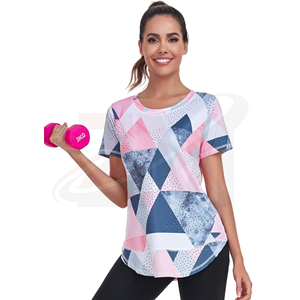 Camiseta de Manga Corta con Estampado Geométrico para Mujer, Cuello Redondo, Corte Regular, Secado Rápido, Deportiva, Tejida en Poliéster, para Primavera/Verano - Product Image 4