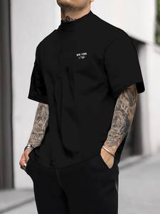 T-shirt noir à col rond et manches courtes pour homme, coupe décontractée unie, 100 % coton jersey respirant, écologique, délavé à l'acide - Product Image 1