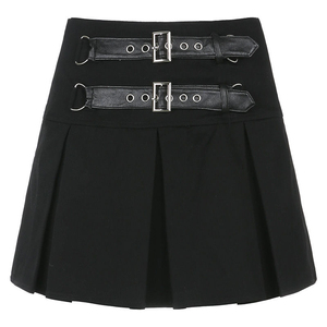 Minifalda plisada de cintura alta para mujer con doble hebilla de cinturón, estilo punk, color negro sólido, para todas las estaciones - Product Image 6