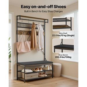 ราวแขวนเสื้อผ้าแบบตั้งพื้นขนาด 72 นิ้ว พร้อมม้านั่งวางรองเท้า ชั้นวางของ 2 ชั้น ตะขอแขวน และราวแขวนแบบติดผนัง - Product Image 4