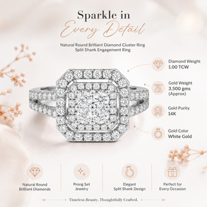 Natural Round Brilliant Diamond Cluster <b>Ring</b> | 1.00 CTW Split Shank Engagement <b>Ring</b> | 14K Solid Gold Prong Set Jewelry for Women - Product Image 5