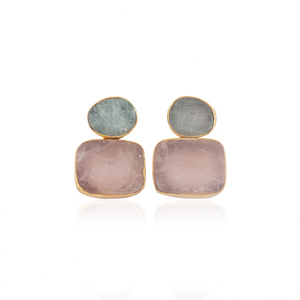 Aquamarine and Rose Quartz Drop <b>Earrings</b> 18K Gold Plated Brass Engagement Jewelry Unique Trendy Minimalist Fancy Design - Product Image 1