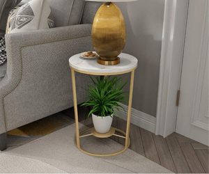 <b>White</b> Gold Double Layer Metal Coffee <b>Table</b> Modern Storage <b>Side</b> <b>Table</b> for Living Room Bedroom Bathroom Decor - Product Image 2