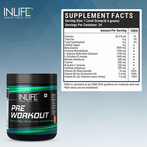 Complément pré-entraînement à la créatine certifié GMP INLIFE, apport continu d'énergie, poudre végétarienne pour adultes - Product Image 5