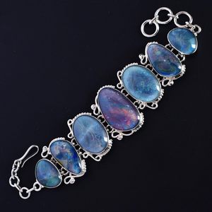 Bracelet vintage en argent sterling 925 massif avec opale, chaîne à maillons, pour femme, à porter au quotidien, bijoux fins, serti de pierres bleues irisées - Product Image 2