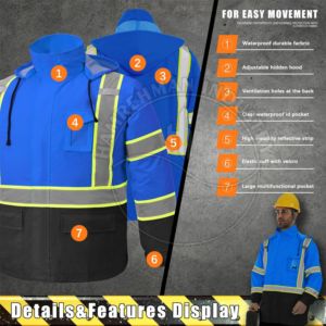 High Visibility Polyester Front Zipper Reflective Safety Jacket Wholesales Custom Logo Construction Winter Clothes Safety Wear - Product Image 5