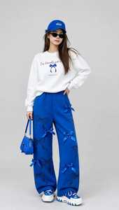 Oneten Women's White Crew Neck <b>Sweatshirt</b> Blue Bow Print Elastic Waist Wide Leg Split Hem Polyester Blend Casual Tracksuit Set - Product Image 1