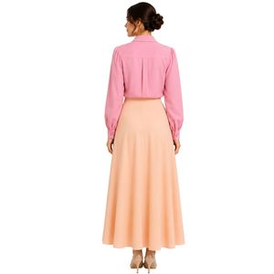 Custom Pink and <b>Peach</b> Women Embroidered Blouse and Maxi Skirt Set Long Sleeve Button Up High Waist Modest Two Piece Outfit OEM - Product Image 2