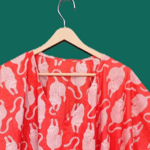New Elegant Vibrant <b>Red</b> Hand Block Printed Eco-Friendly Midi Cotton Kaftan Artisanal Bohemian Summer Loungewear - Product Image 1