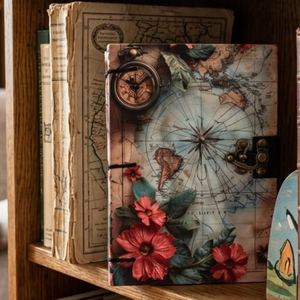 A5 Vintage World Map Handmade Paper <b>Notebook</b> | Eco Friendly High Quality Hardcover Lock Diary 100 Sheets Floral Compass Art - Product Image 3