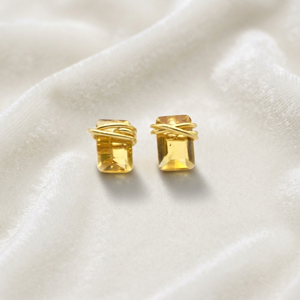 Ratnarachit Handmade Wire Wrapped Citrine <b>Stud</b> <b>Earrings</b> 14K Gold Plated Brass Baguette Cut Minimalist Women's Gift Claw Setting - Product Image 4