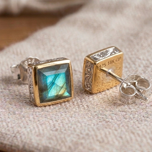 Labradorite Cushion Cut Earrings 10MM 925 <b>Sterling</b> <b>Silver</b> 18K Gold Plated Handmade Jewelry Everyday Wear Gift for Her - Product Image 1