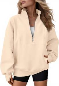 Sweat-shirt noir pour femme à demi-zip, en molleton épais de qualité supérieure, coupe oversize, avec poche kangourou, idéal pour se détendre - Product Image 4