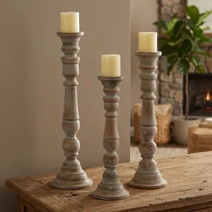 Candelabro de Madera de Diseño Antiguo con Acabado Blanqueado, Portavelas Decorativo Rústico Hecho a Mano para Decoración de Bodas y Navidad - Product Image 3