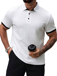 Polo en coton blanc pour homme, manches courtes, tricoté, couleur unie, design décontracté et respirant, avec bordure noire sur le col et les poignets - Product Image 3