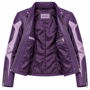 <b>Women</b> Purple Leather <b>Jacket</b> Dual Tone Color Block Stand Collar Biker Outerwear Zipper Pocket Slim Fit Custom Racing Motowear - Product Image 5