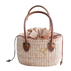 Panier de rangement en jacinthe d'eau avec poignée en cuir PU - Product Image 1