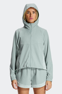 Ensemble veste coupe-vent légère et short vert pour femme, ensemble de survêtement athlétique à capuche et fermeture éclair intégrale, ensemble décontracté avec panneaux contrastés - Product Image 6