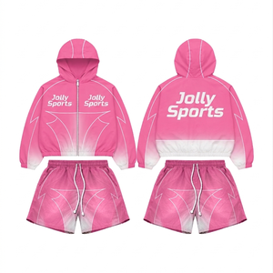 Women Lightweight Polyester Windbreaker Shorts Set <b>Pink</b> Panel Style Elastic Waist Custom Print Logo Windbreaker Shorts for Men - Product Image 1