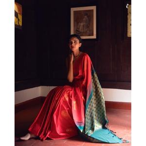 FASHIONABLE BANARASI <b>SILK</b> WITH ZARI WORK SAREE WITH UNSTITCHED BLOUSE <b>RED</b> - Product Image 1