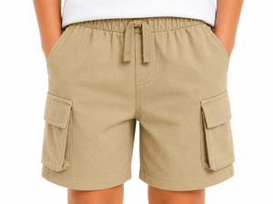 Shorts cargo beiges pour garçons, taille élastique, décontractés, d'été, avec poches à rabat, en mélange de coton doux, légers, longueur genou - Product Image 4