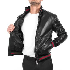 Chaqueta Bomber de cuero para hombre, Cazadora bomber de piel de cordero negra auténtica - Product Image 5
