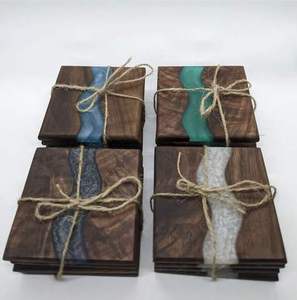 Modern Acacia Wood <b>Coaster</b> Set Shape <b>Teal</b> Resin Inlay Non Slip Mats Pads 5mm Thick Reusable 300mm Diameter Handcrafted Design - Product Image 3
