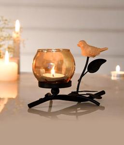 Vintage Metal <b>Tree</b> Branch Tea <b>Light</b> Candle Holder with Glass Votive & Decorative Bird Figurine - Product Image 1