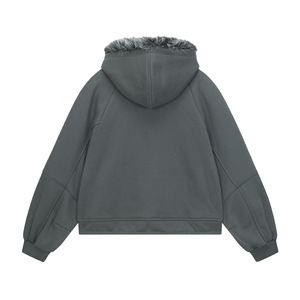 Oversized Zip-Up Hoodie With Faux Fur <b>Lined</b> Hood And Drawstring Waist Unisex Casual <b>Sweatshirt</b> Solid Color <b>Fleece</b> Autumn Wear - Product Image 3